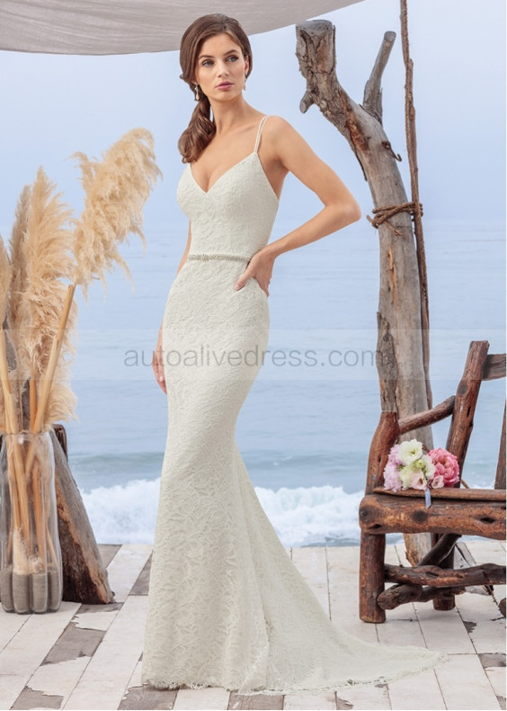 V Neck Ivory Lace Cross Back Wedding Dress With Beaded Belt V Neck Ivory Lace Cross Back Wedding Dress With Beaded Belt